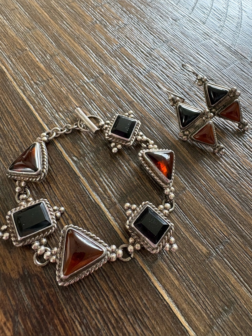 Carsi Mexico TC-57 Blk Onyx/Amber Sterling Silver Bracelet & Matching Earrings